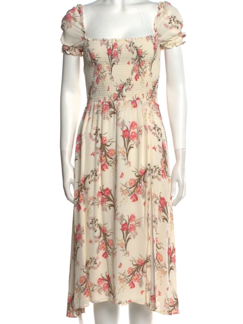 Reformation Cream Midi Dress with Pink Floral Print